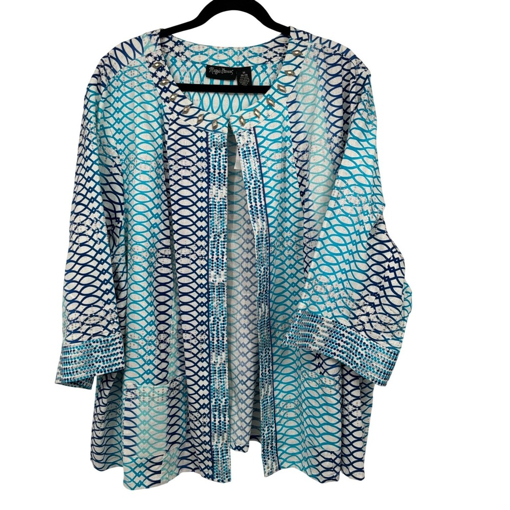 Maggie Barnes 3X Blue White Linen Blend Embellished Jacket NWT Coastal
